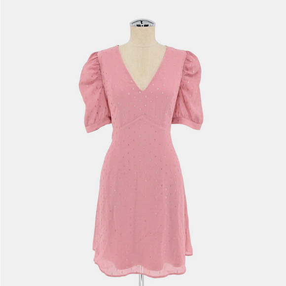 EXPRESS Dress Sz M Pink Gold Metallic Clip Dot Puff Sleeve Coquette Ballet Retro - Picture 1 of 12